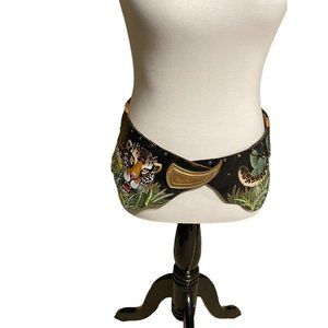 Vintage Painted Bohemian Leopard Jungle Belt Leather Art to Wear --OOAK -- Small